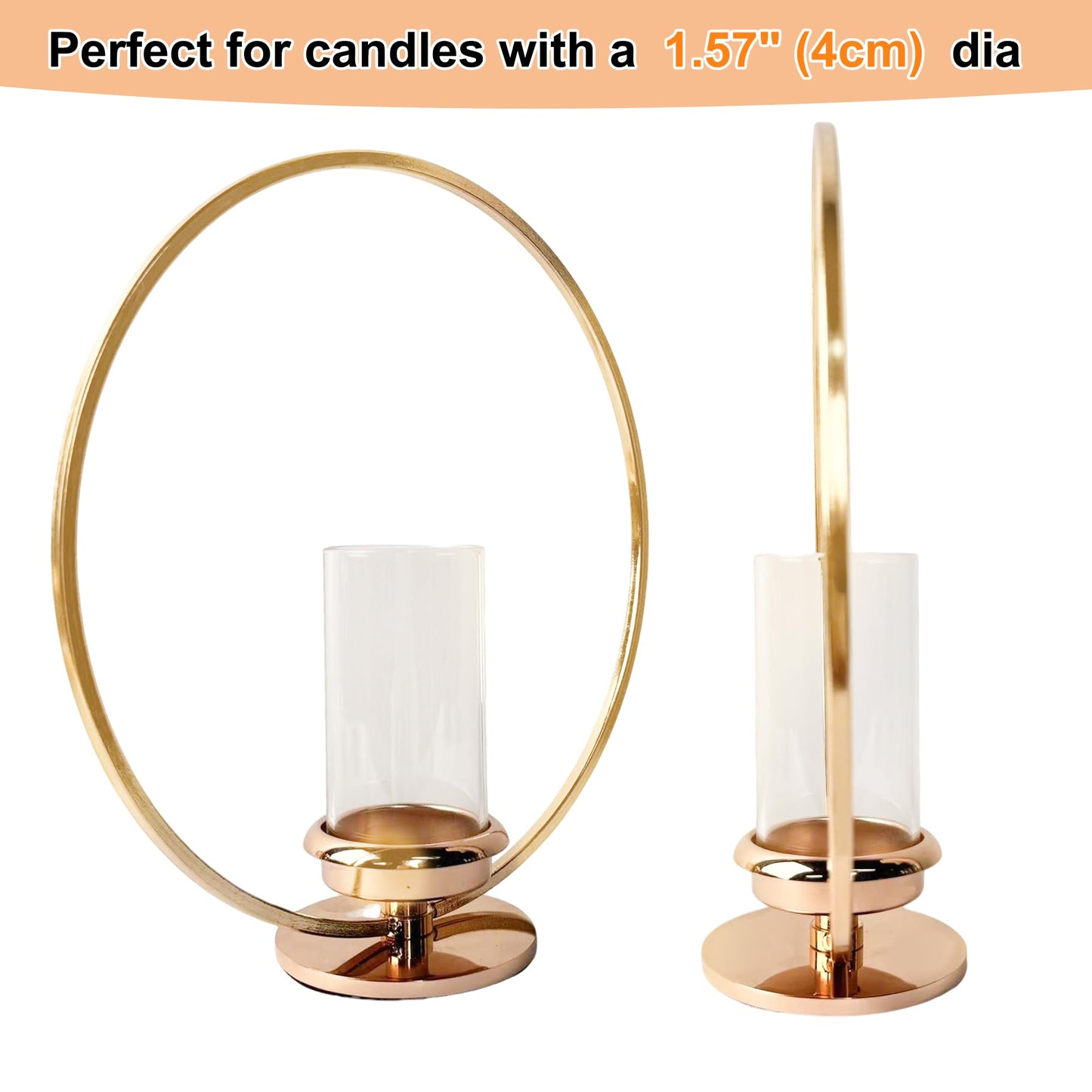 HiSnug Hurricane Candle Holders Set - Circular Metal Candlestick Holders with Glass Sleeve, 2PCS Simple Decorative Candleholder for Dining Table Centerpiece Shelf Home Decor, 2PCS, L+L, Gold