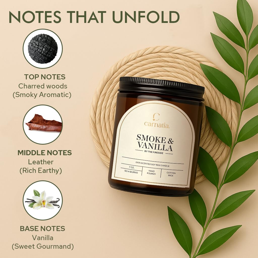 Carnatia Smoke & Vanilla Scented Candle – 7 oz | 100% Soy Wax with Cotton Wick | 50 Hour Burn | Aromatherapy Candle for Home, Cozy Mood & Relaxation | Gift for Women & Men