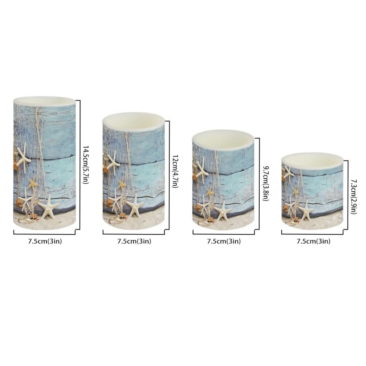 NETILGEN Flickering Flameless Candles 4 Pieces Set, LED Pillar Candles with Timer Battery Operated Tea Lights for Coastal Decor, Beach Starfish with Blue Wood Grain