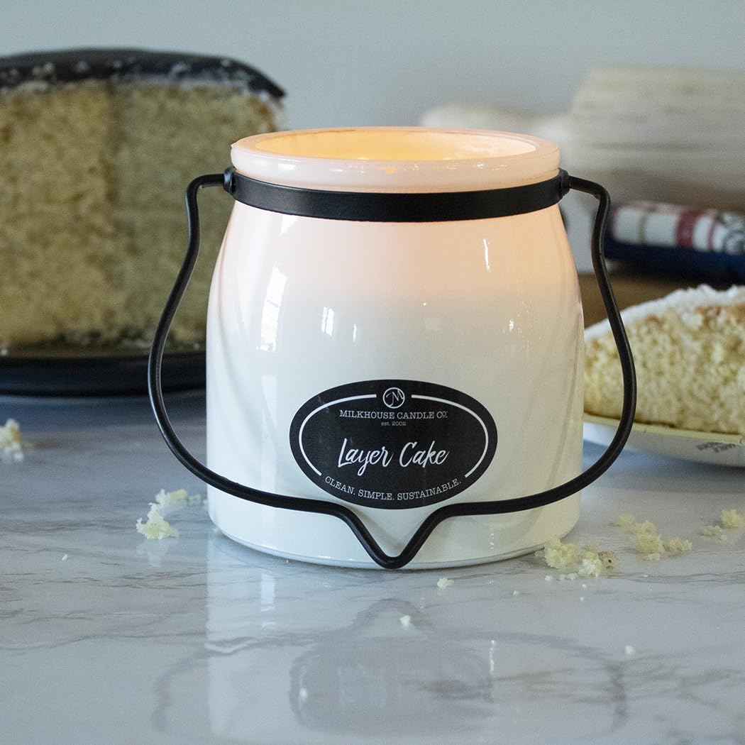 Milkhouse Candle Company Layer Cake Soy Candle - Vanilla Bean Cake | Buttercream Frosting | Sugarcane Scented - 16 oz Butter Jar with Lid, 65+ Hour Burn Time, Made in th USA