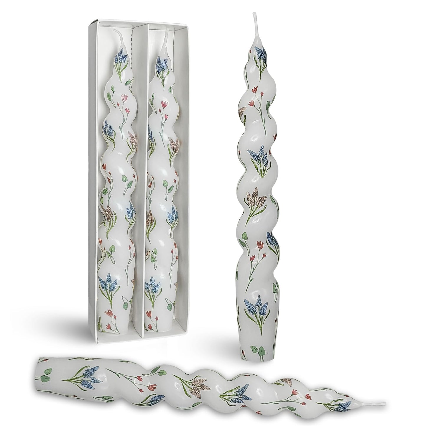 Hyacinth Spiral Candle Sticks Floral Printed Taper Candle Handmade Twisted Candlesticks 7.5 Inch Short Tapered Candles for Home Wedding Women Gifts Set of 2