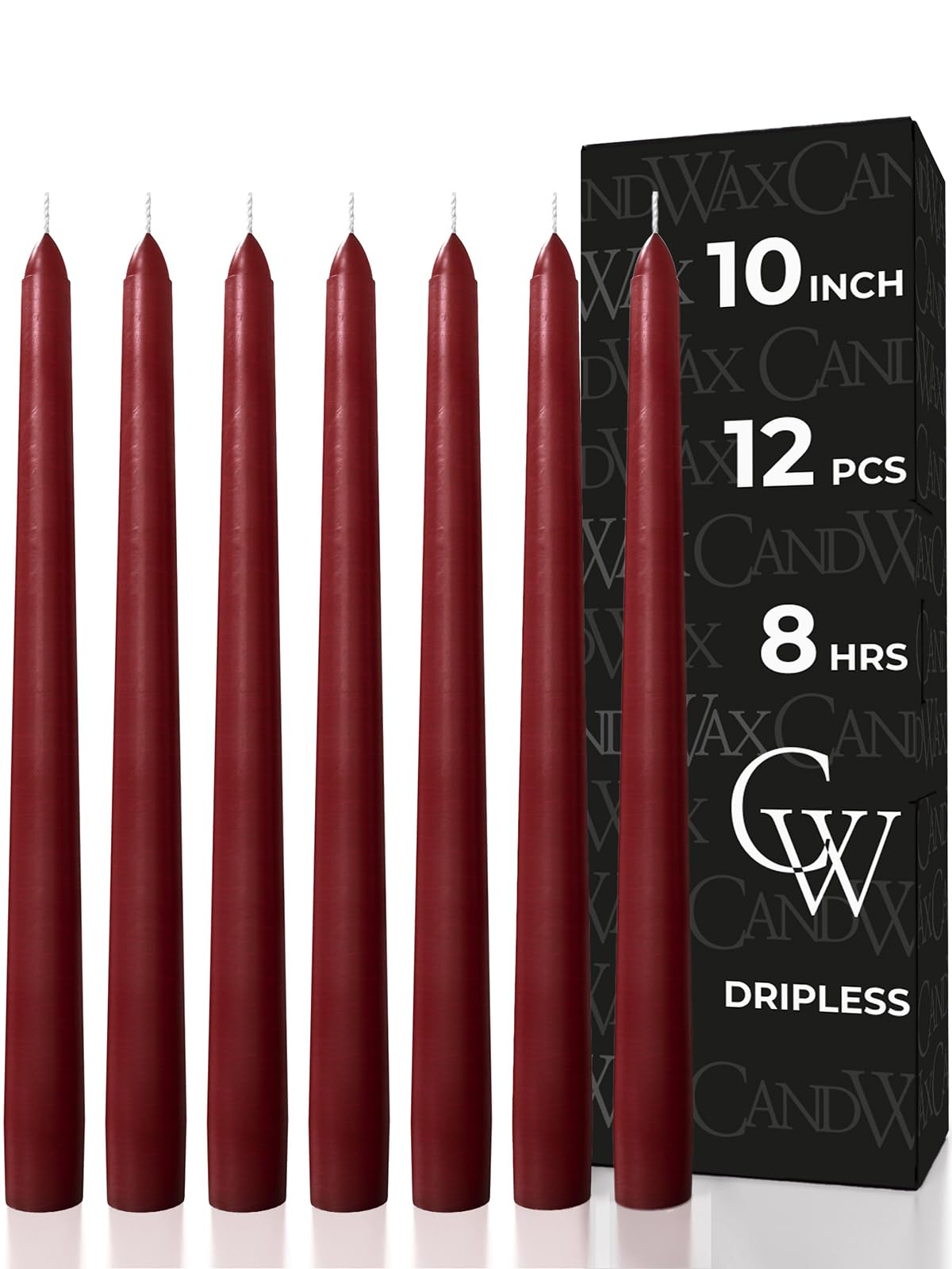 CANDWAX 10 inch Burgundy Taper Candles Set of 12 - Unscented Dripless Burgundy Candlesticks - Christmas Taper Candles with Burning Time up to 8 Hours - Christmas Candle Sticks