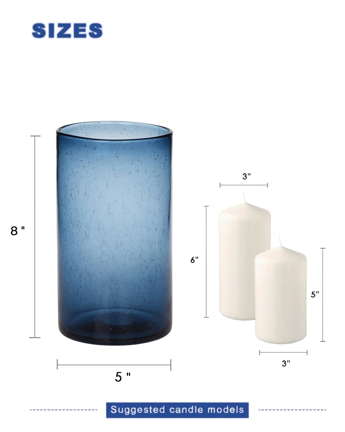 ARIAMOTION Glass Hurricane Candle Holder for Pillar Blue Cylinder Vase Flower Centerpiece Seeded Bubbles Modern Table Decoration for Kitchen Living Room 8 Inch 5 inch Diam