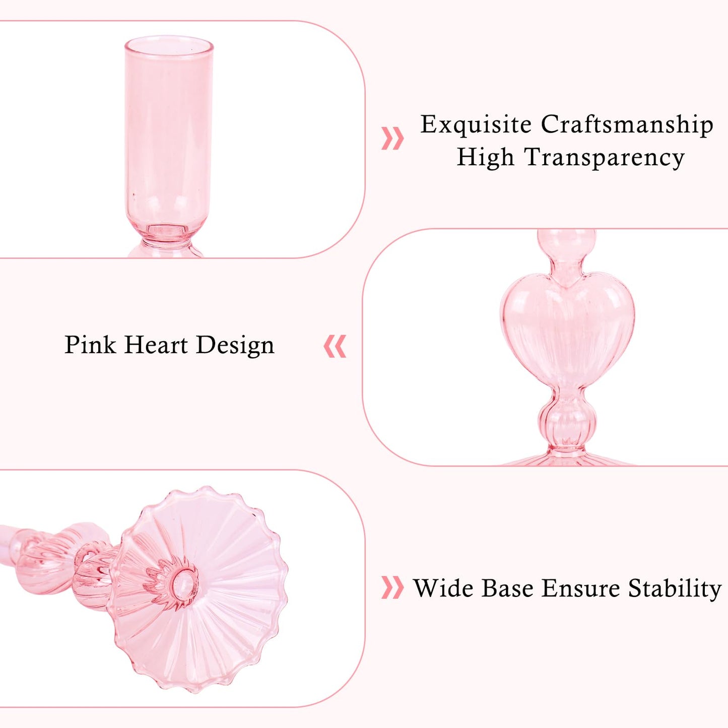 JarThenaAMCS 2Pcs Valentine's Day Glass Candlestick Holders Pink Heart Glass Taper Candle Holder Valentines Heart Candle Stick Vase Decor for Galentine's Day Wedding Festival Party Table Centerpiece