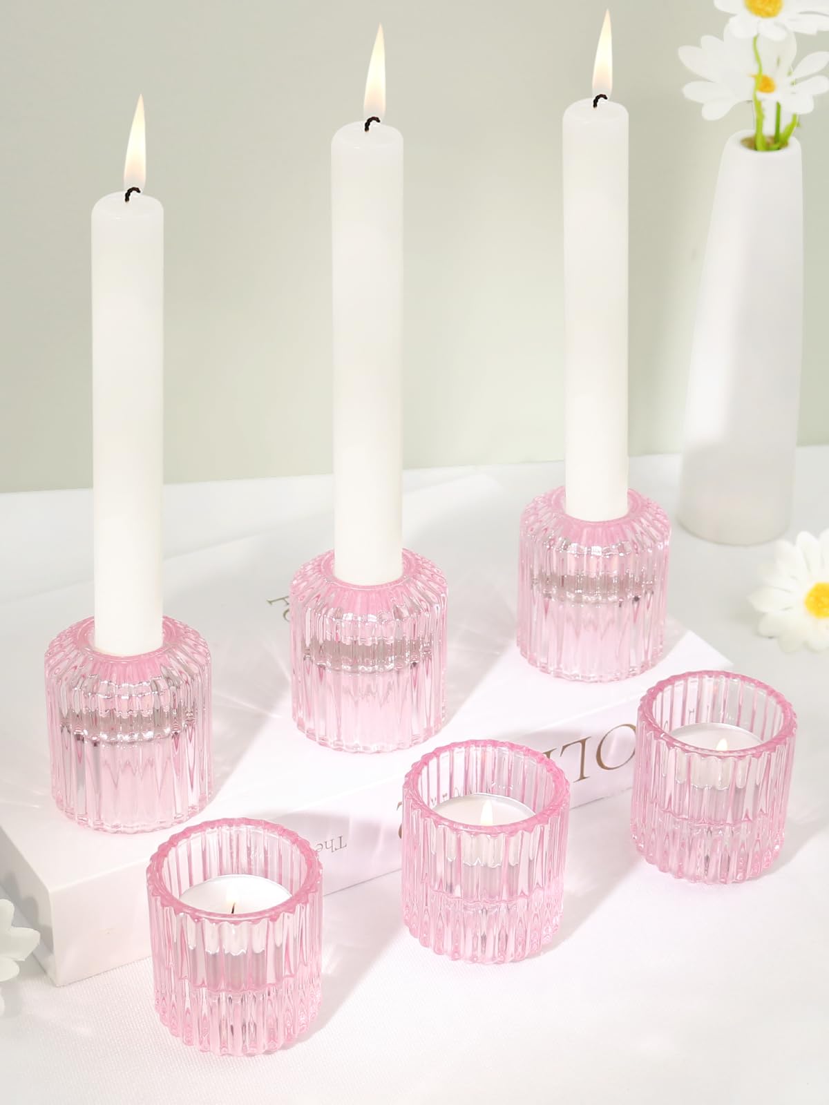CHOCSTAY Reversible Pink Glass Candle Holder Set of 6, Thick Heat-Resistant Glass Candlestick Holders for Taper, Tealight, Votive, LED Candles, Perfect for Wedding, Party, Home Décor