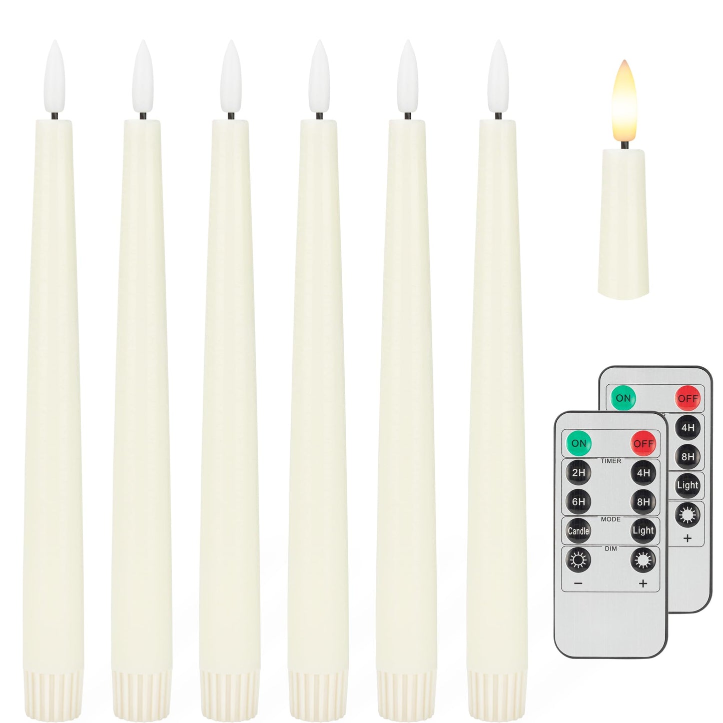 Flameless Taper Candles with 3D Wick, 9.6" Real Wax LED Candles with 2 Remote and Timer, 6 Pack Flickering Candlesticks Battery Operated, Classic Tall Taper Candle for Home, Wedding, Party, Ivory