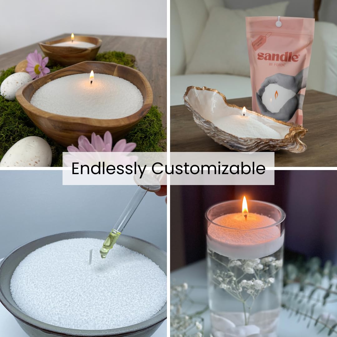 Sandle by Foton Pearled Candle Sand 10 Oz – White Unscented Safe Non Toxic Long Lasting Pearled Candle Wax up to 60 Hours - Refillable Unique Sand Candle Wax with 15 Candle Wicks for Candle Making