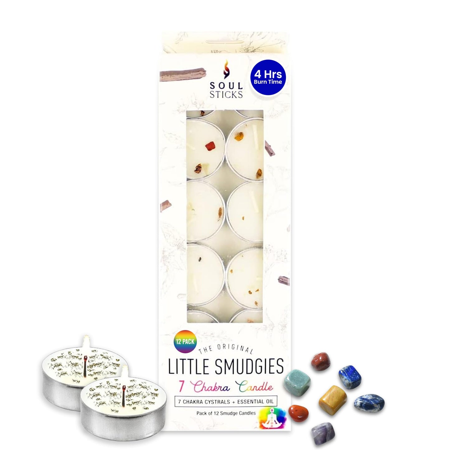 SOUL STICKS 12 Pack Little Smudgies Tealight Candles Smudge Candle for Cleansing House, Meditation, Chakra Healing | Made with Crystals and Herbs (7 Chakra)
