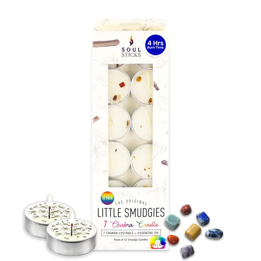 SOUL STICKS 12 Pack Little Smudgies Tealight Candles Smudge Candle for Cleansing House, Meditation, Chakra Healing | Made with Crystals and Herbs (7 Chakra)