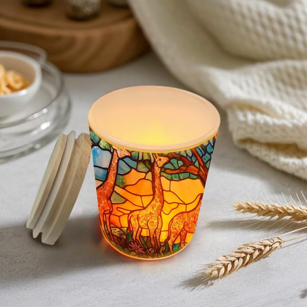 Stained Glass Giraffes Tea Light Candle Holders, Wildflowers Tealight Candle Holder Jar with Wooden Lid, Tree Votive Candlesticks for Table Centerpieces, Christmas,Birthday Party,Home Decor