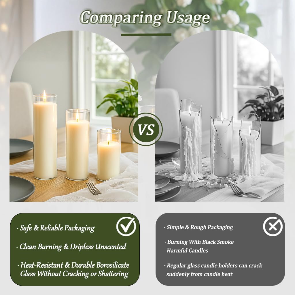 Trxvxo 18 PCS Pillar White Candles in Glass,Hurricane Candles,Wedding Cylinder Candle,3 Different Lengths 2 x 3/6/8 Inch (6 Each),Creating an Atmosphere Suitable for Various Outdoor Activities.