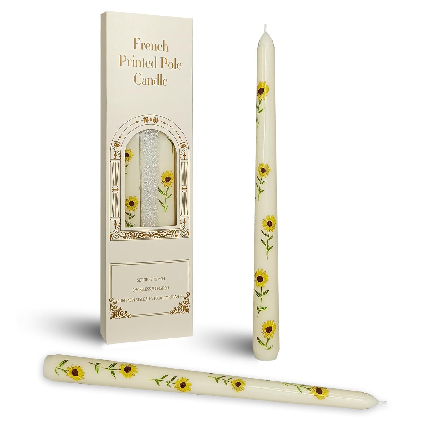 Summer Floral Printed Taper Candle - Baleagcdl Ivory with Sunflower Candlesticks Handmade Long Tapered Candles 10 Inch Drip Candle for Holiday Decor Gifts Set of 2