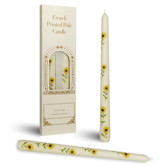 Summer Floral Printed Taper Candle - Baleagcdl Ivory with Sunflower Candlesticks Handmade Long Tapered Candles 10 Inch Drip Candle for Holiday Decor Gifts Set of 2