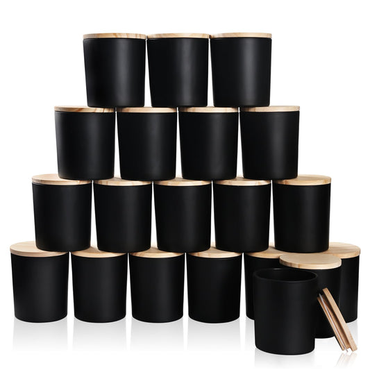 SHOWIN Thick Candle Jars for Making Candles 20 Pcs, 10 OZ Empty Jars with Wood Lids for Candle Making, Sample Container, Matte Black