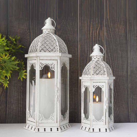 JHY DESIGN Set of 2 Decorative Candle Lanterns 22"&17" H Outdoor Vintage Metal Candle Holder for Garden Living Room Indoor Parties Weddings Patio Home Decor(White with Gold Brush)