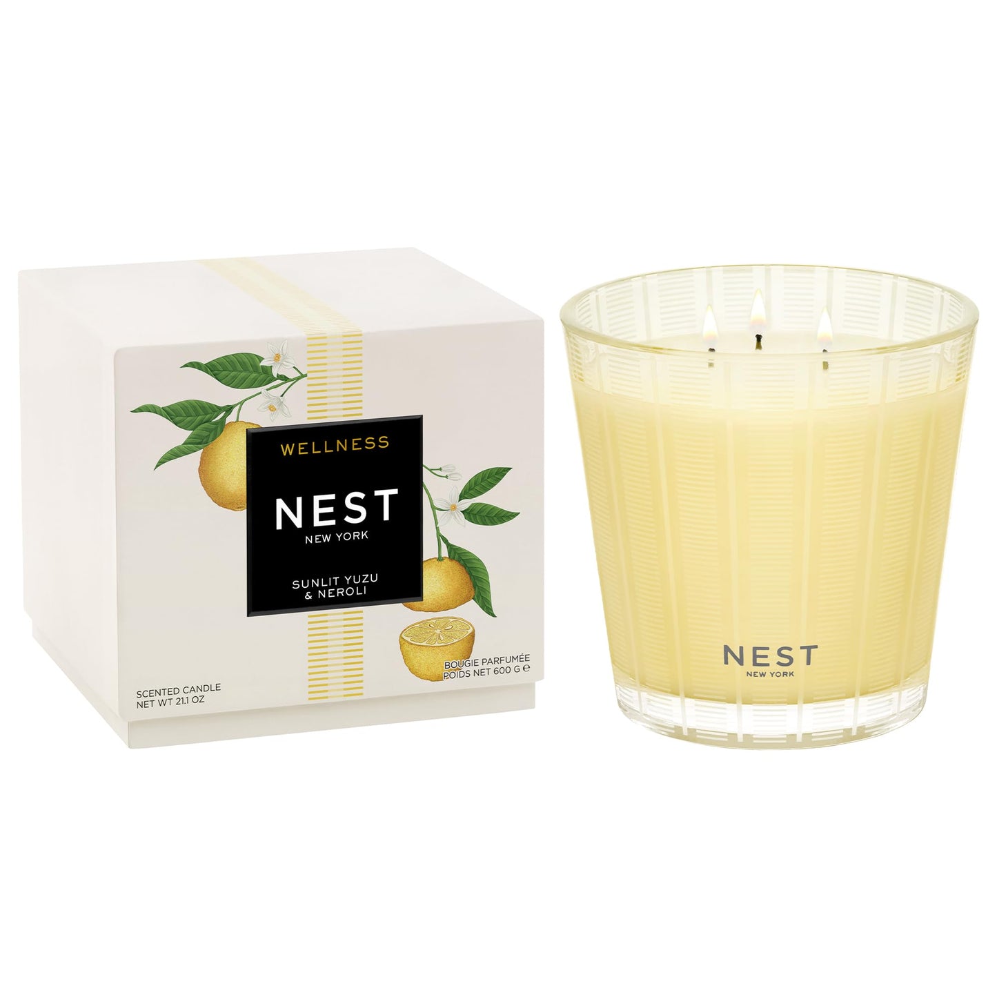 NEST New York Scented 3-Wick Candle, Sunlit Yuzu & Neroli - 21.2 oz - Up to 100-Hour Burn Time - Reusable Glass Vessel