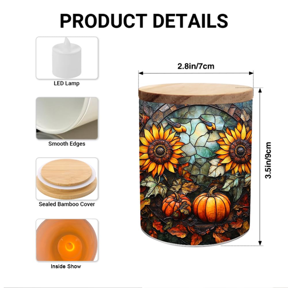 Pumpkin Sunflower Stained Glass Tealight Candle Holder, Autumn Harvest Decorations Candle Jar Tea Light Holder, Tealight Holders Candlesticks Gift for Halloween Christmas Thanksgiving, 3.5x2.8in