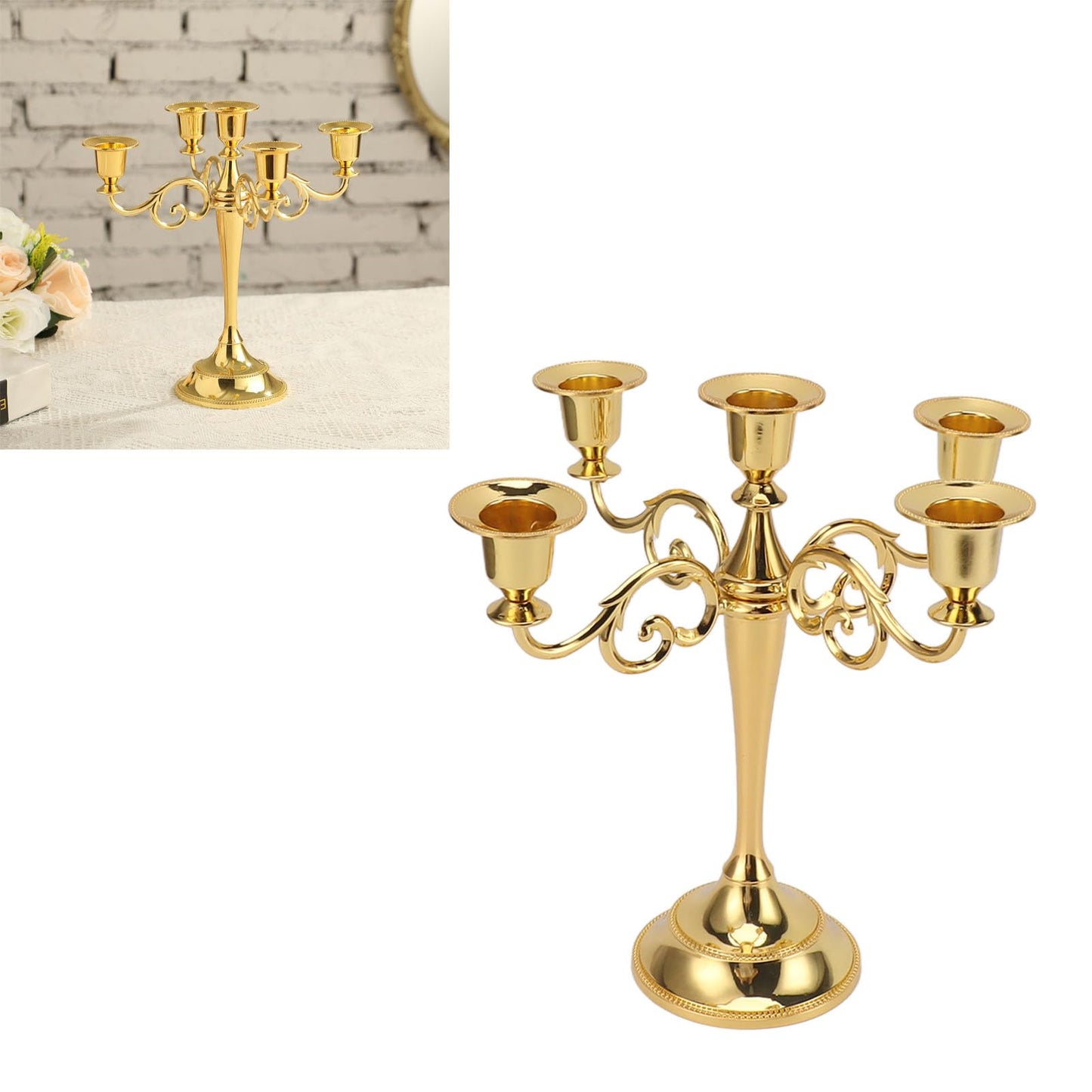 YUEYASHUX 5 Arm Candlestick Holder Retro Decorative Iron Candle Holder Centerpiece for Home Church (Gold)