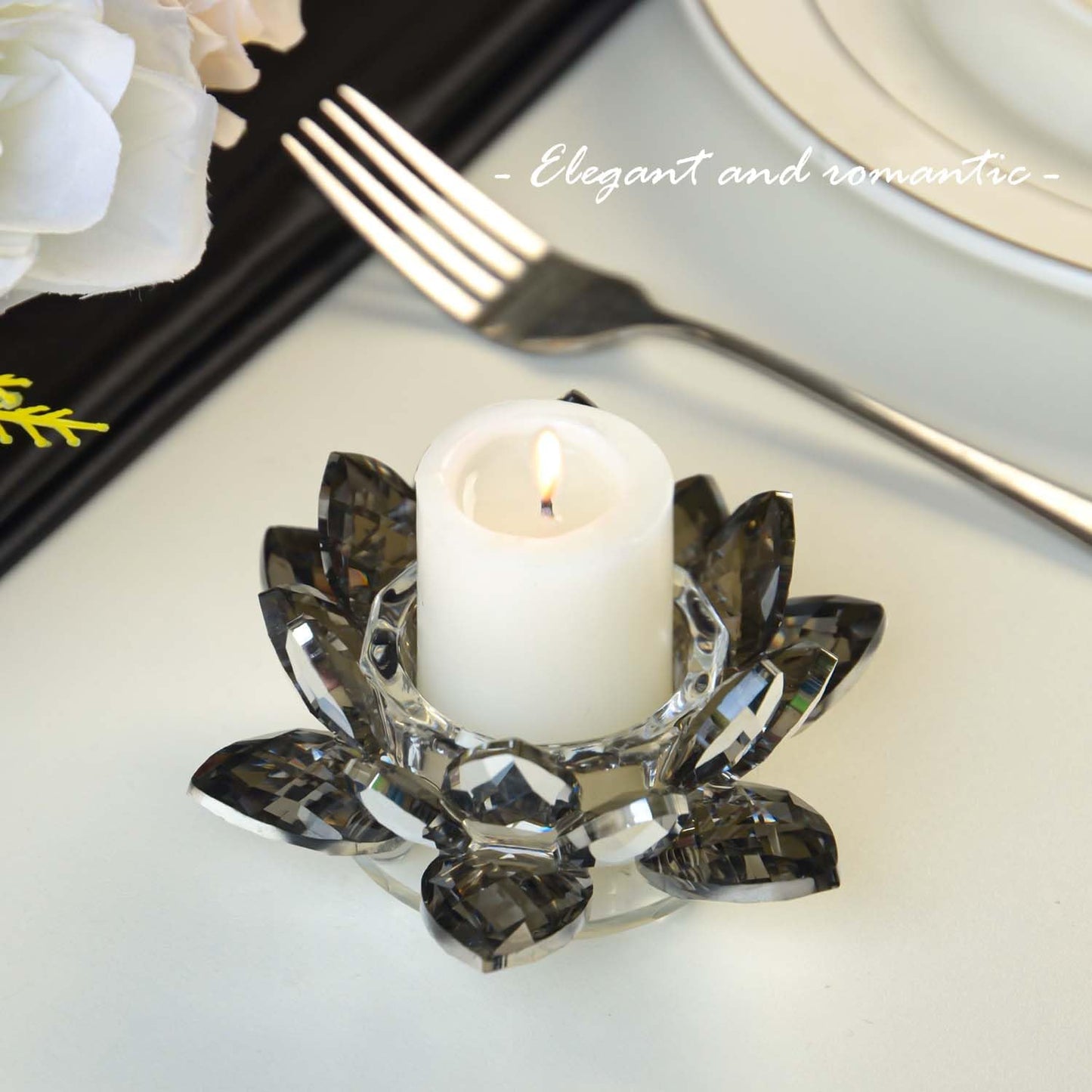 Lotus Black Crystal Tea Candle Holder Crystal Wishing Tealight Candlestick Stand Exquisite Desktop Decoration Holiday Celebration Wedding Restaurant Party Atmosphere Decoration (4 Pcs, Dark Grey)