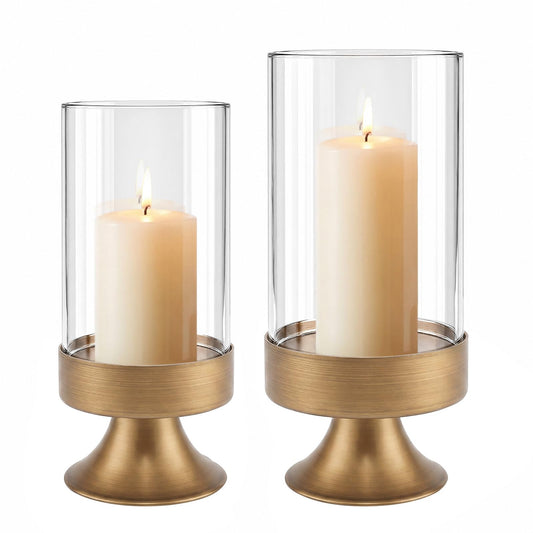 Gold Hurricane Candle Holder with Glass Cylinder Decorative Metal Pedestal Candlestick Holders for Pillar Candles Elegant Centerpiece for Dining Table Wedding Fireplace Mantel Living Room Home Decor