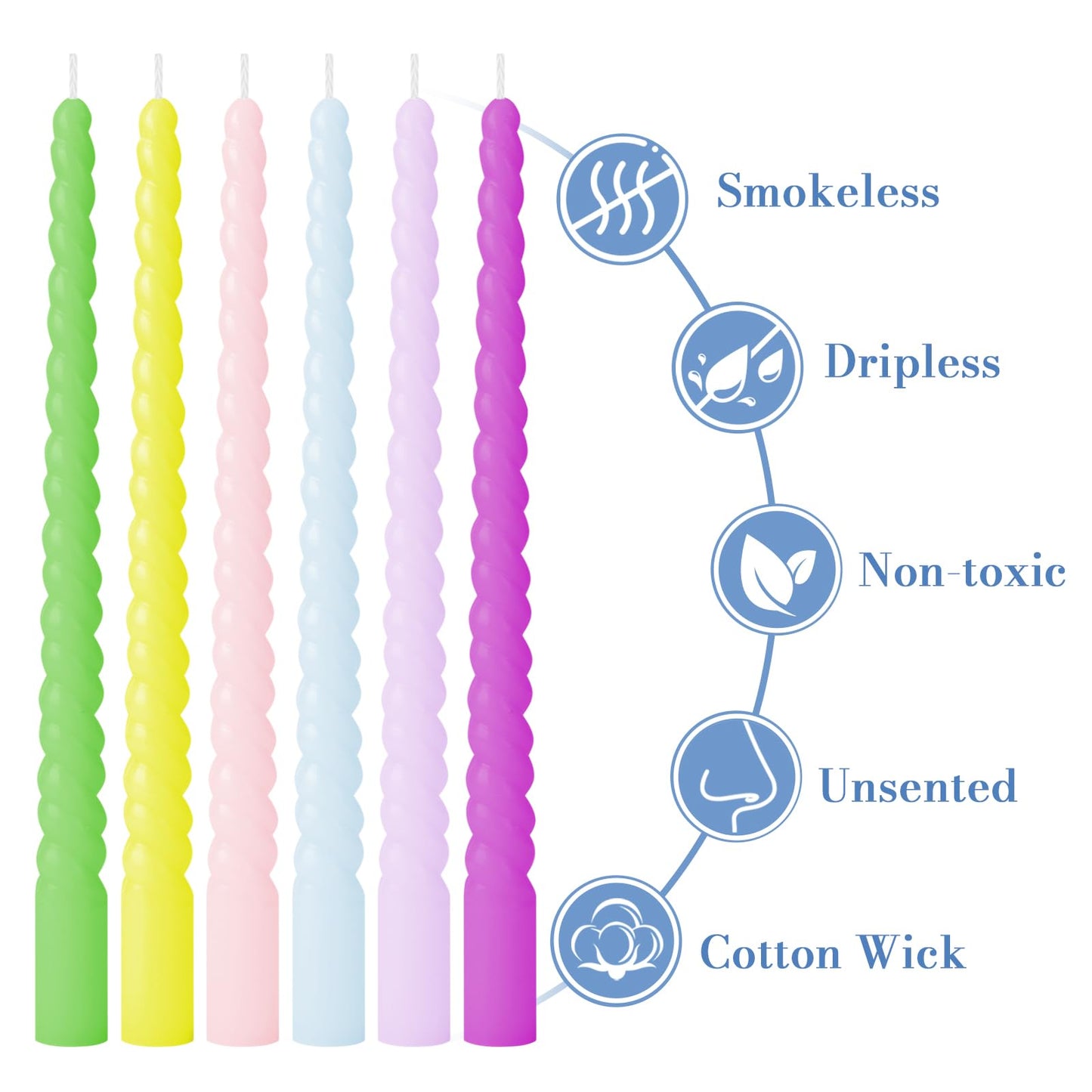 6pcs Colorful Spiral Candles, 12 Inch 6 Colors Dripless Twisted Candlesticks, Long Unscented Candle Sticks, 8-10 Buring Time for Wedding Displays Home Dining Table Supplies