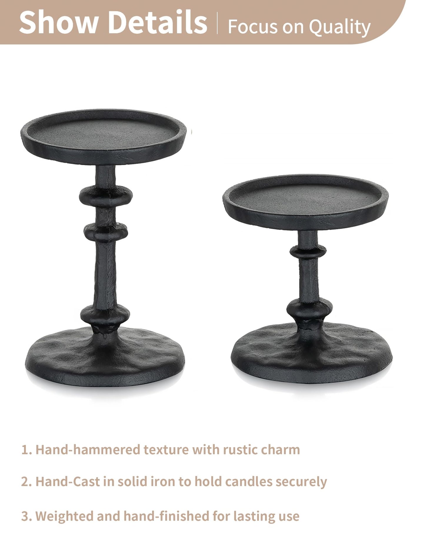 NUPTIO Pillar Candle Holder Black: Solid Cast Iron Candle Stand for 3 Inch Pillars - Handcrafted Hammered Candleholder for Thanksgiving Christmas Fireplace Mantle Decor