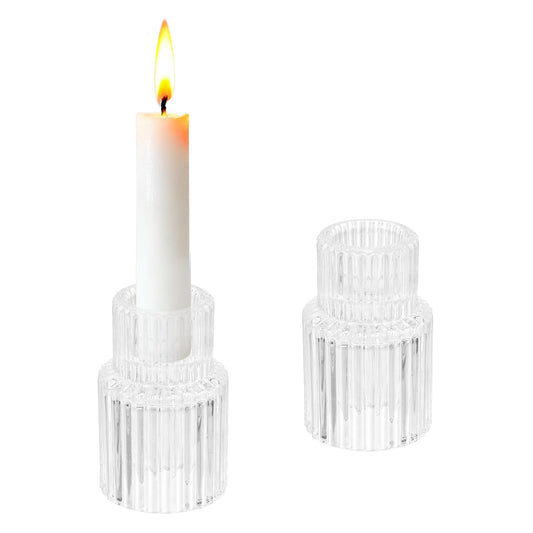 uxcell 2 Pcs Taper Glass Candle Holder, 1.4 Inch Vintage Ribbed Taper Candle Holders Small Tealight for Wedding Table Centerpieces Parties Home Decor, Clear