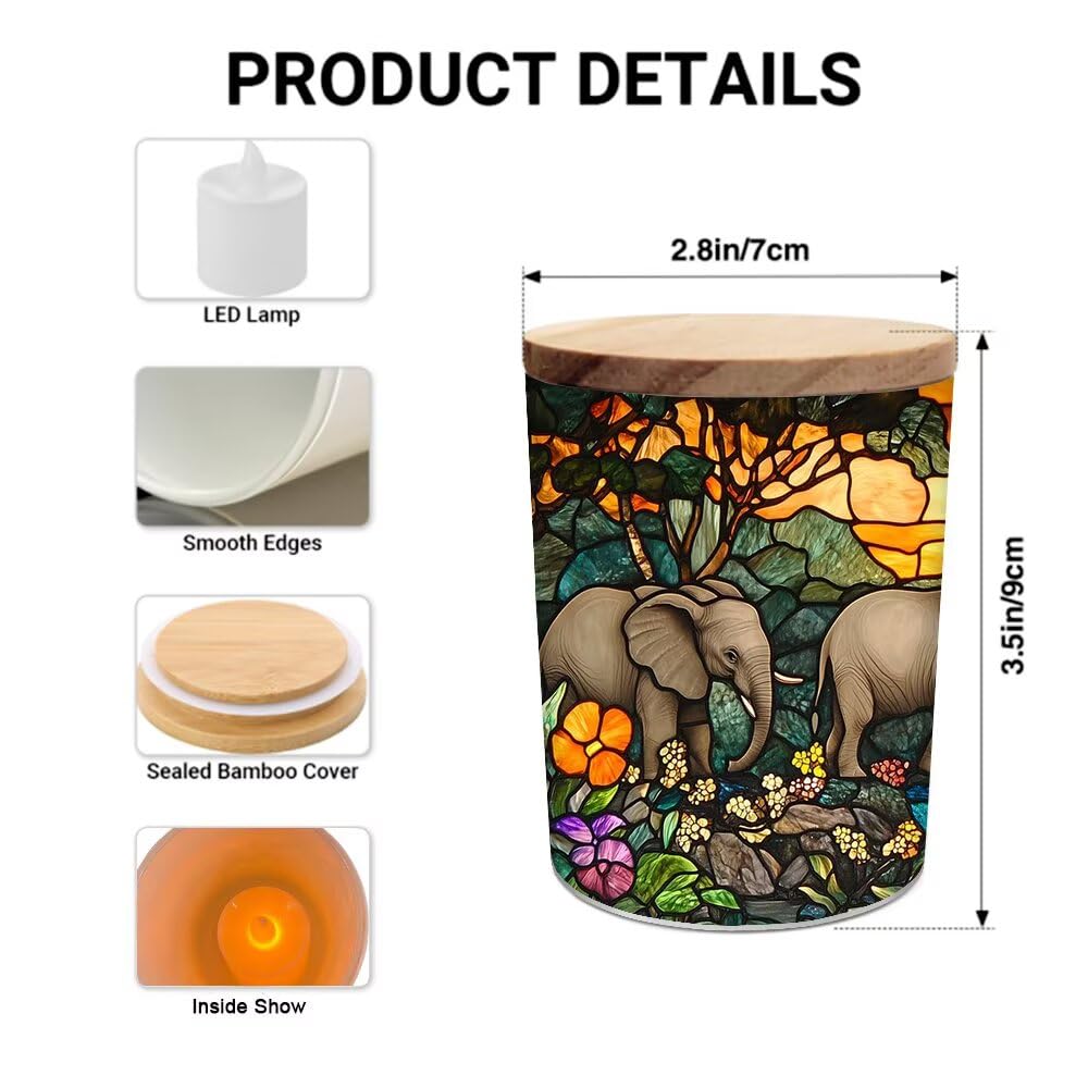 Stained Glass Elephants Tea Light Candle Holders, Forest Rivers Tealight Candle Holder Jar with Wooden Lid, Votive Candlesticks for Table Centerpieces, Christmas,Birthday Party,Home Decor