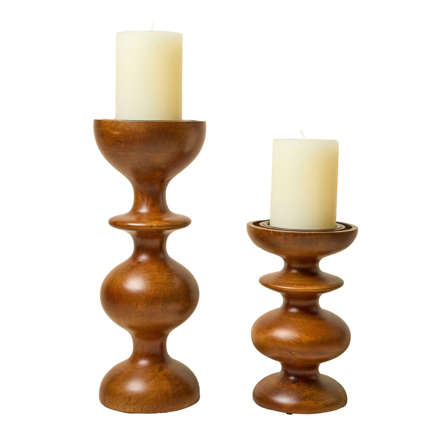 Dreamy Walls Wood Candle Holders, Set of 2 (Two Sizes) - Farmhouse Boho Pillar Candle Stands with Glass Covers, Handmade Wood Table Centerpiece Decor (Gift Pack - with 2 Candles)