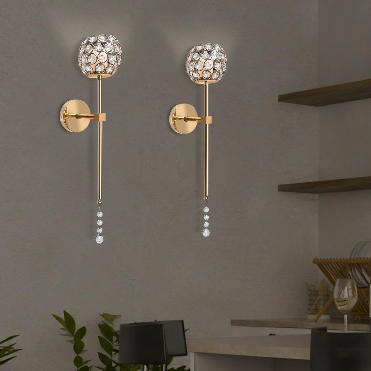 Crystal Candle Sconces for Wall Decorative Long Candle Holder Sconce Wall Art Home Decor for Bedroom Living Dining Room, Set of 2-Gold