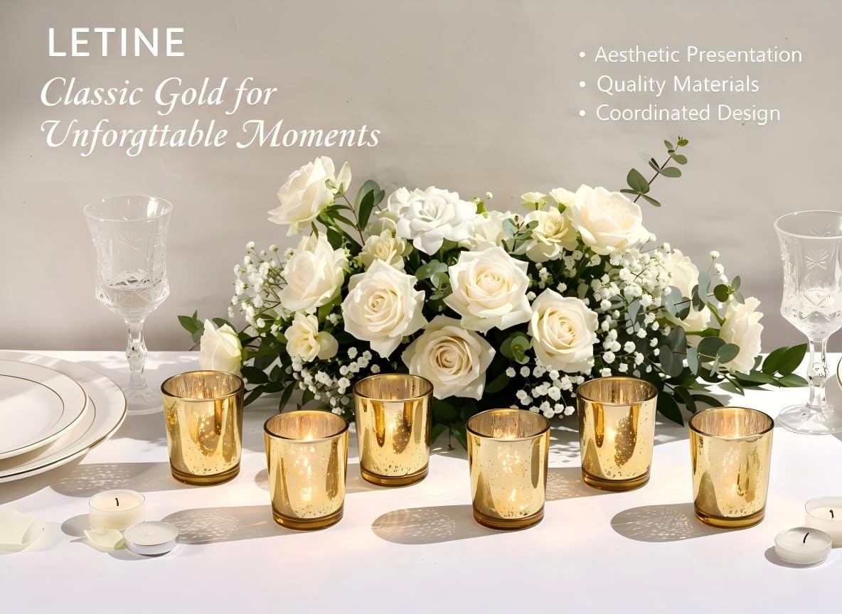 LETINE 48pcs Gold Votive Candle Holders – Glass Tea Light Candles Holder, Standard Votive Size for Regular Votive Candles – Bulk Candle Holder for Party Decorations, Bridal Shower, Holiday Decor