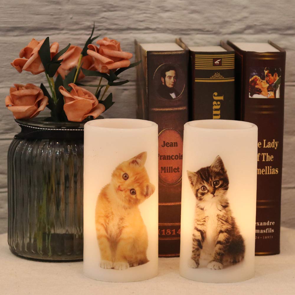 Wondise Flameless Flickering Candles with Remote and Timer, Battery Operated Real Wax Pillar Candles with Lovely Cat Decal for Christmas Home Decoration Gifts(3 x 3 x 6 Inch)