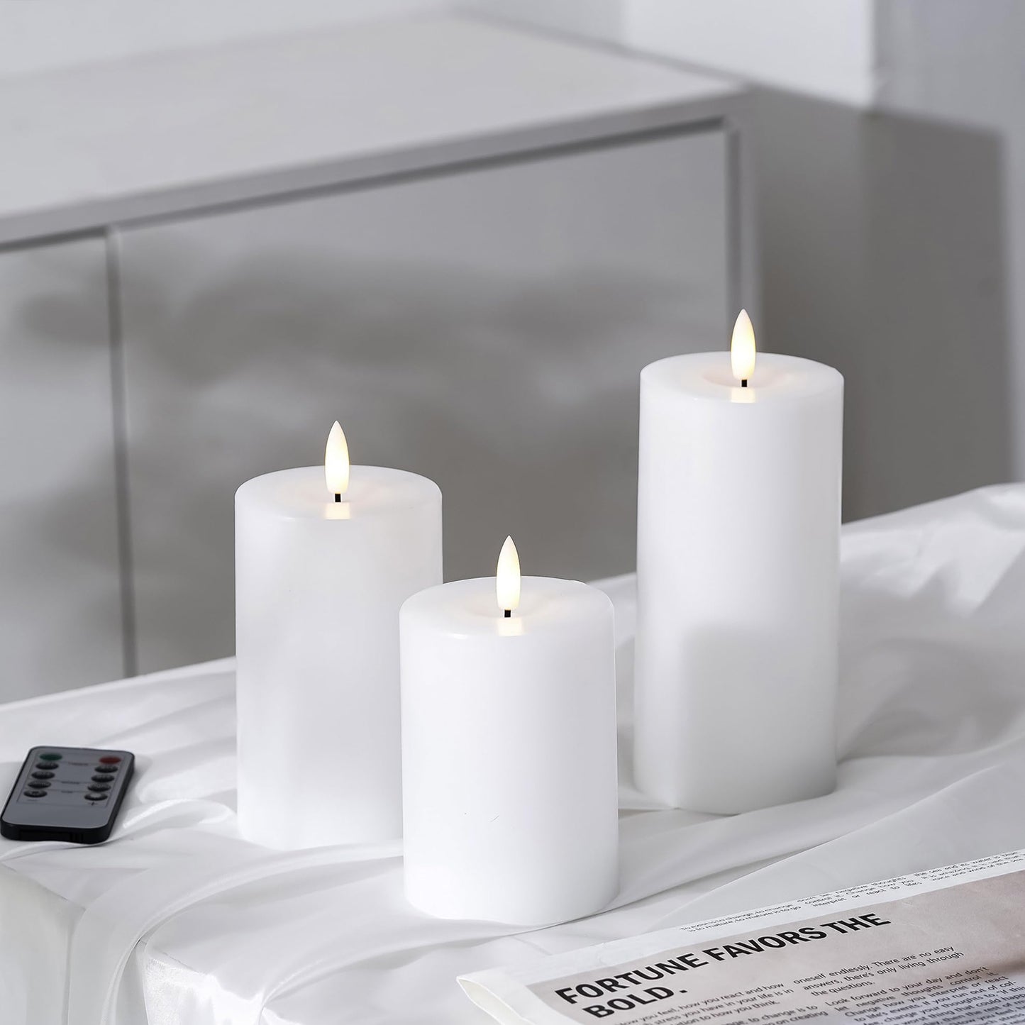 Stmarry White Flameless Candles with Remote and Timer, Real Wax Made LED Pillar Candles Battery Operated with 3D Flickering Flame - 3" x 4",5",6" - Set of 3