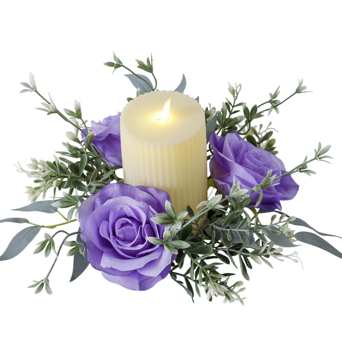 Youshe 4 Pcs Artificial Rose Candle Ring, Valentine's Day Candle Rings Wreaths Mini Floral Garland Wedding Table Pillar Centerpiece for Xmas Home Farmhouse Party Candle Holder Décor (Purple)