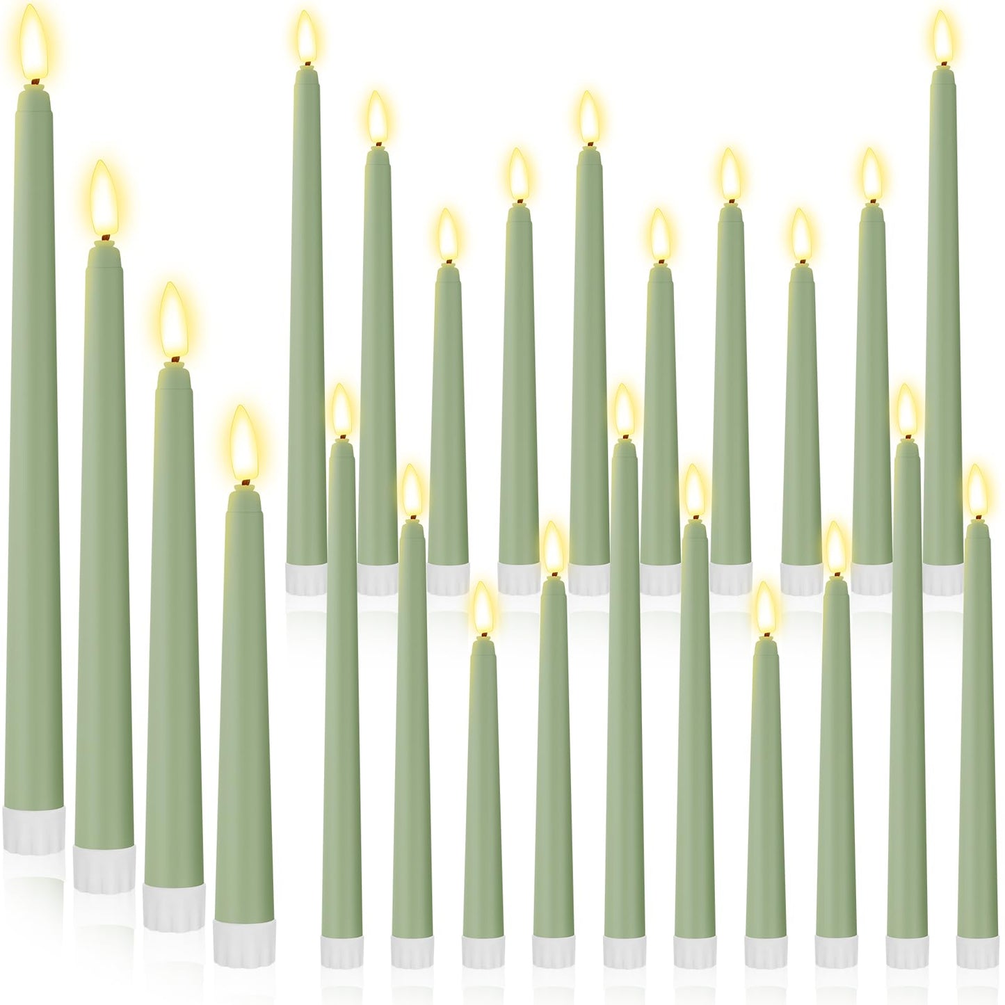 Rossesay 24 Pcs Flameless LED Taper Candles Battery Operated Candle 8.5", 9.65", 10.8", 12.8" Flameless Candlesticks Flickering for Christmas Church Wedding Indoor Decoration(Classic, Rat Tail Green)