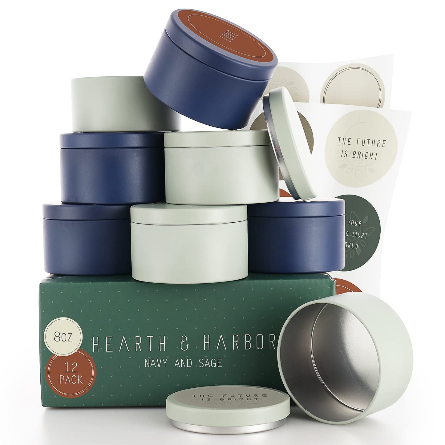 Hearth & Harbor Tin Candle Jars for Making Candles - DIY Candle Containers with Lids - Metal Candle Jars - Bulk Tins Storage for Candle - (12 Pieces) - (8 Ounces) - Solid Navy and Sage
