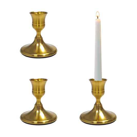 3 Pack Gold Taper Candle Holders, Vintage Brass Small Candlestick for Table Centerpiece, Wedding, Christmas, Dining & Home Decor