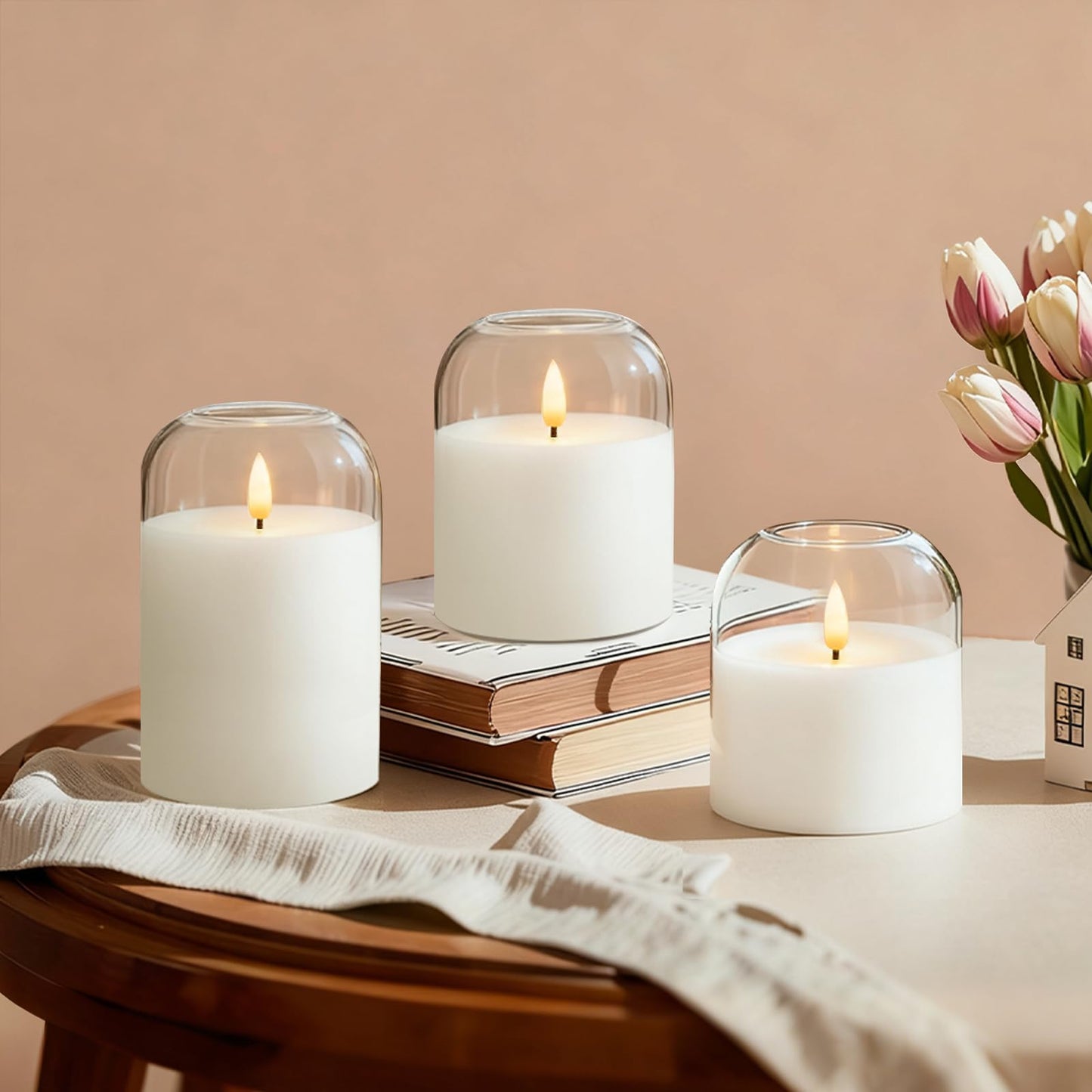 Homemory Glass Flameless Candles, Battery Operated Plliar Candles Realistic Flickering, LED Electric Light with Remote and Timer for Home, Christmas Decoration, White, Set of 3