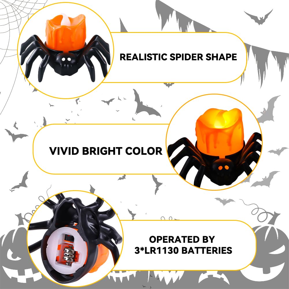 Vellibring 6PCS Halloween Spider Tea Lights Decoration, Halloween Flameless LED Candle Holder Lights Battery Operated for Halloween Party Table Home Spooky Decor (Orange)