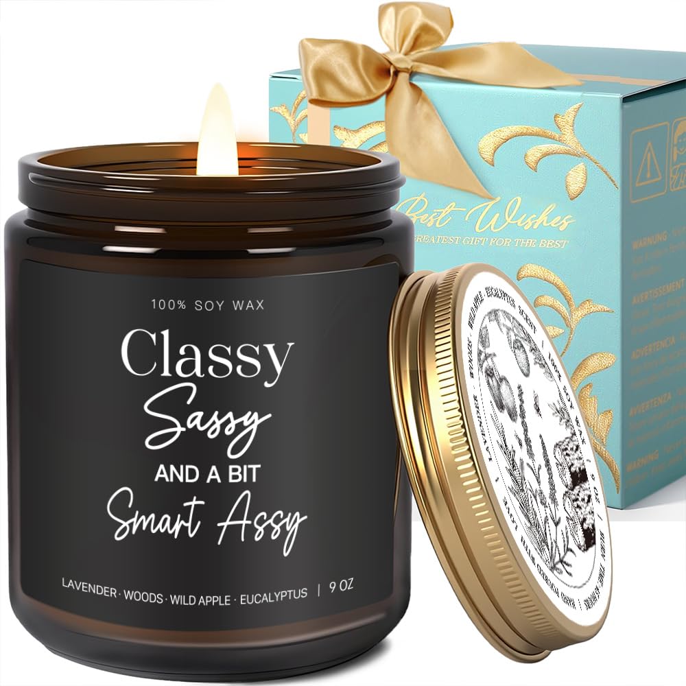 Classy Sassy and a Bit Smart Candle Funny Gifts for Women, Best Friend Birthday Gifts for Women, Anniversary, Friendship, Motivation, Lavender Wood Wild Apple Eucalyptus Scent Candle 9OZ