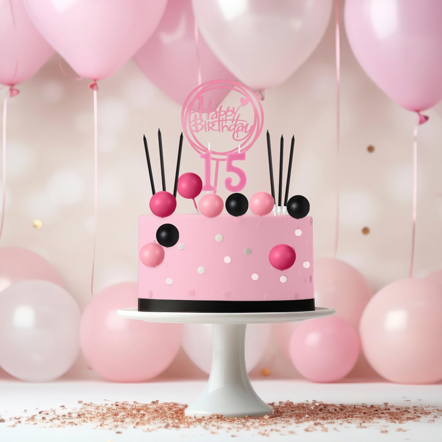 Yerliker 34 Pcs Happy Birthday Cake Toppers Decorations Birthday Candles DIY Cake Decor for Men Women Wedding Anniversary(Black Pink Rose Red)