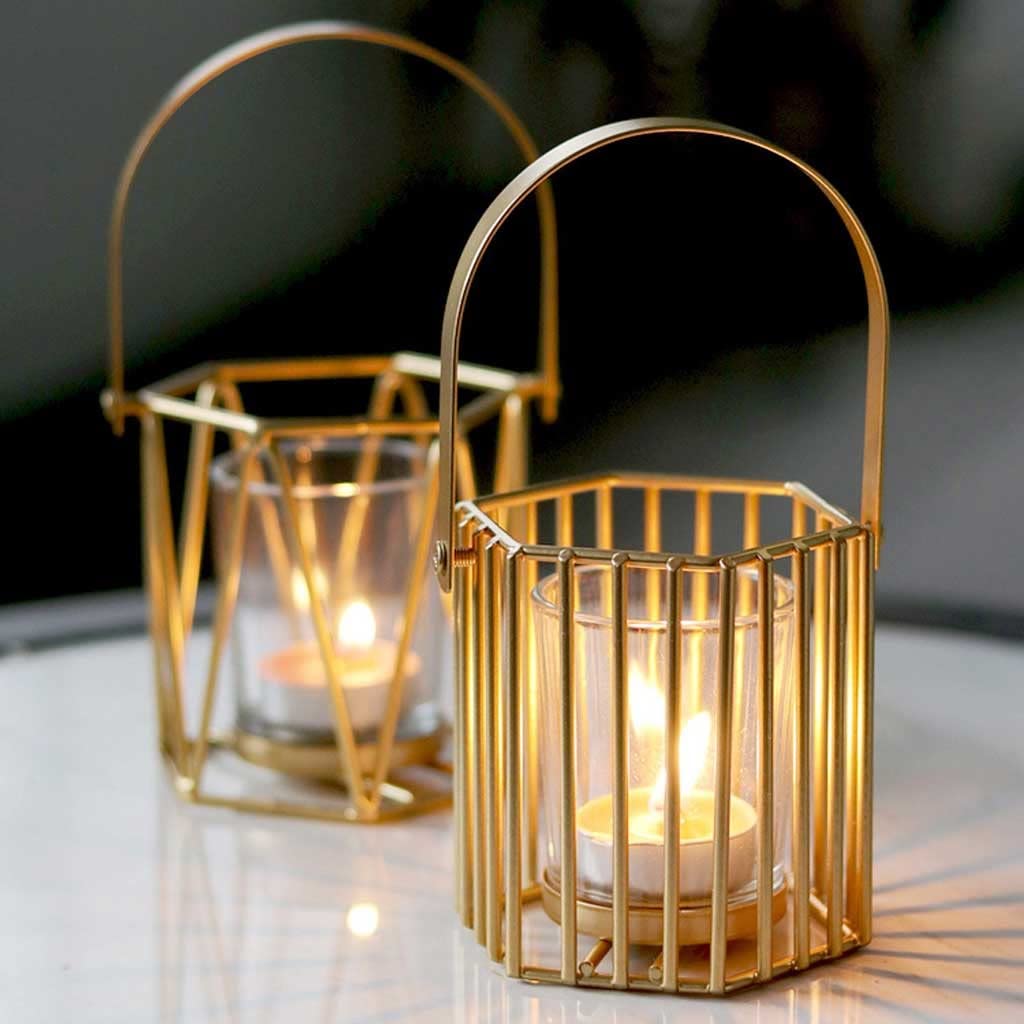 Candle Holders Geometric Gold Pillar Candle Holder, Metal Candle Stand Decorative Candle Lantern with Glass Cup, Candlestick Stand for Wedding Table Centerpiece Candlestick Holders