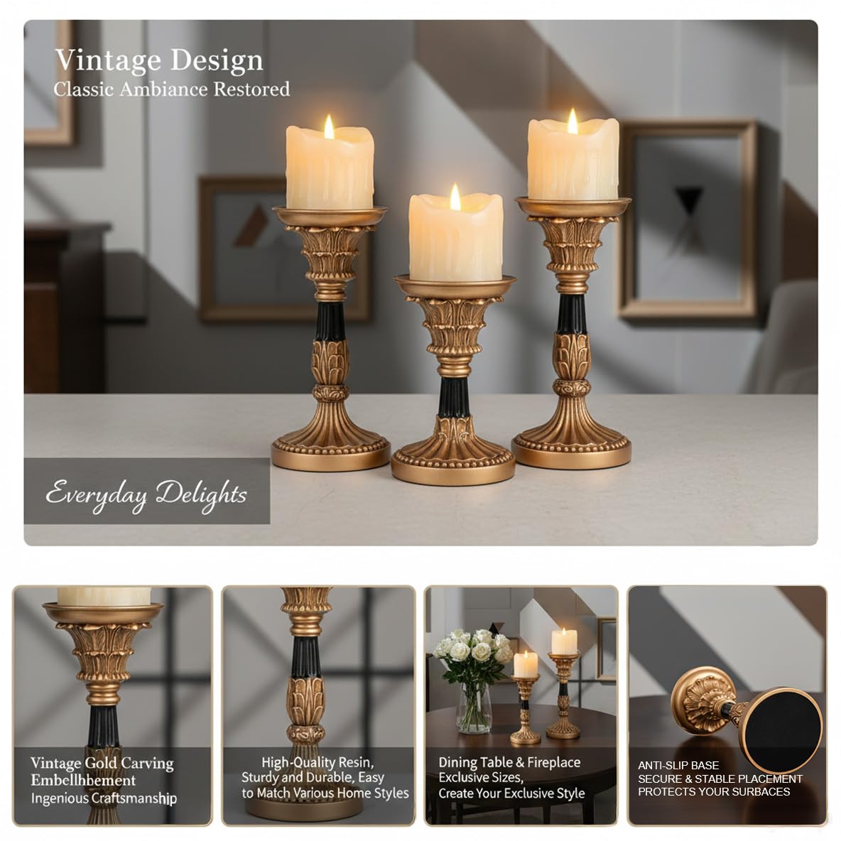 Resin Pillar Candle Holders Set of 3 – an Antique Gold Frame with Engraved Decorations (9", 7.5", 6") with 3.1" Tray & Velvet Anti-Slip Base for Table Centerpiece and Fireplace Mantel Decor