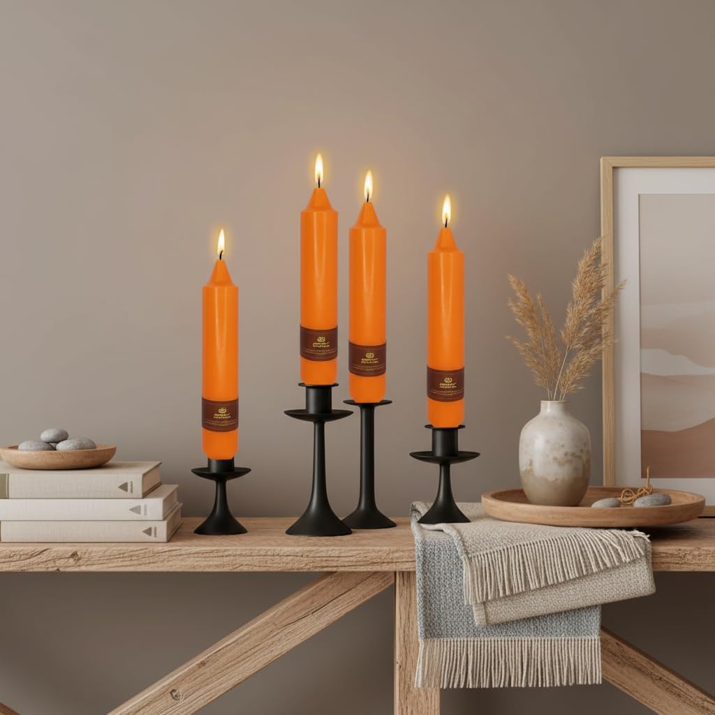 Short Orange Chunky Taper Candles 7 Inch Set of 4 Candlesticks Fat Candles Handmade Clean Burning Unscented Candles for Dinner Country Farmhouse Bedroom Meditation Wedding Home Decor Sanctuary
