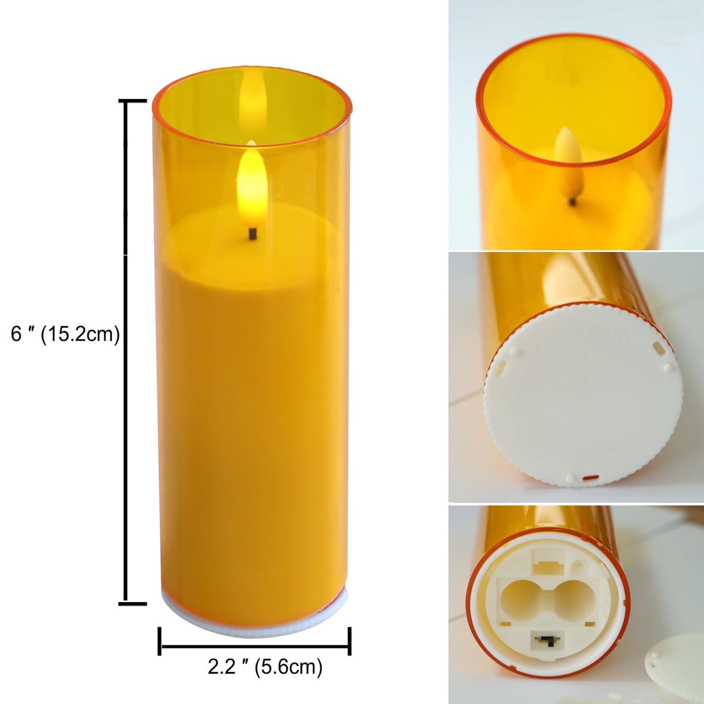 CANDLE CHOICE Indoor Outdoor Flameless Candles with Timer Waterproof Realistic Flickering Battery Operated Pillar LED Lights with Acrylic Shell Wedding Party Christmas Decorations 6 Pack 2”x6” Gold