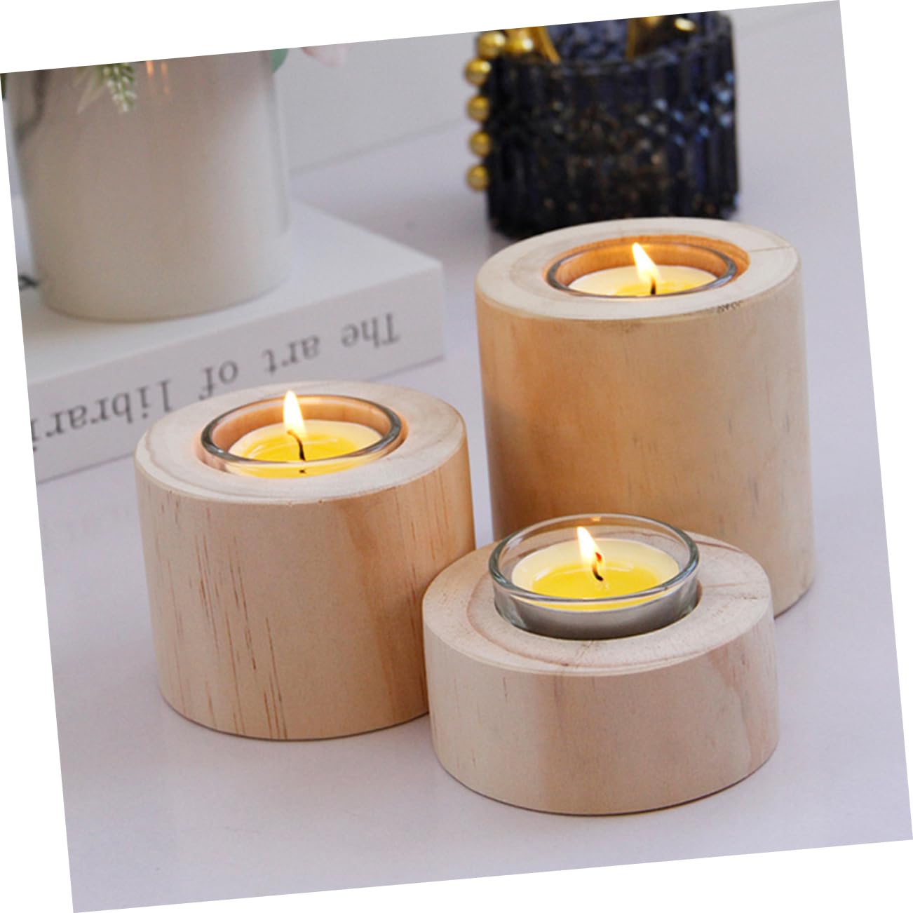 STOBAZA 3pcs Wooden Candle Holder Set Rustic Style Table Candlestick Holders for Dinner Romantic Decor for Weddings Anniversaries Valentine Day and Home Use