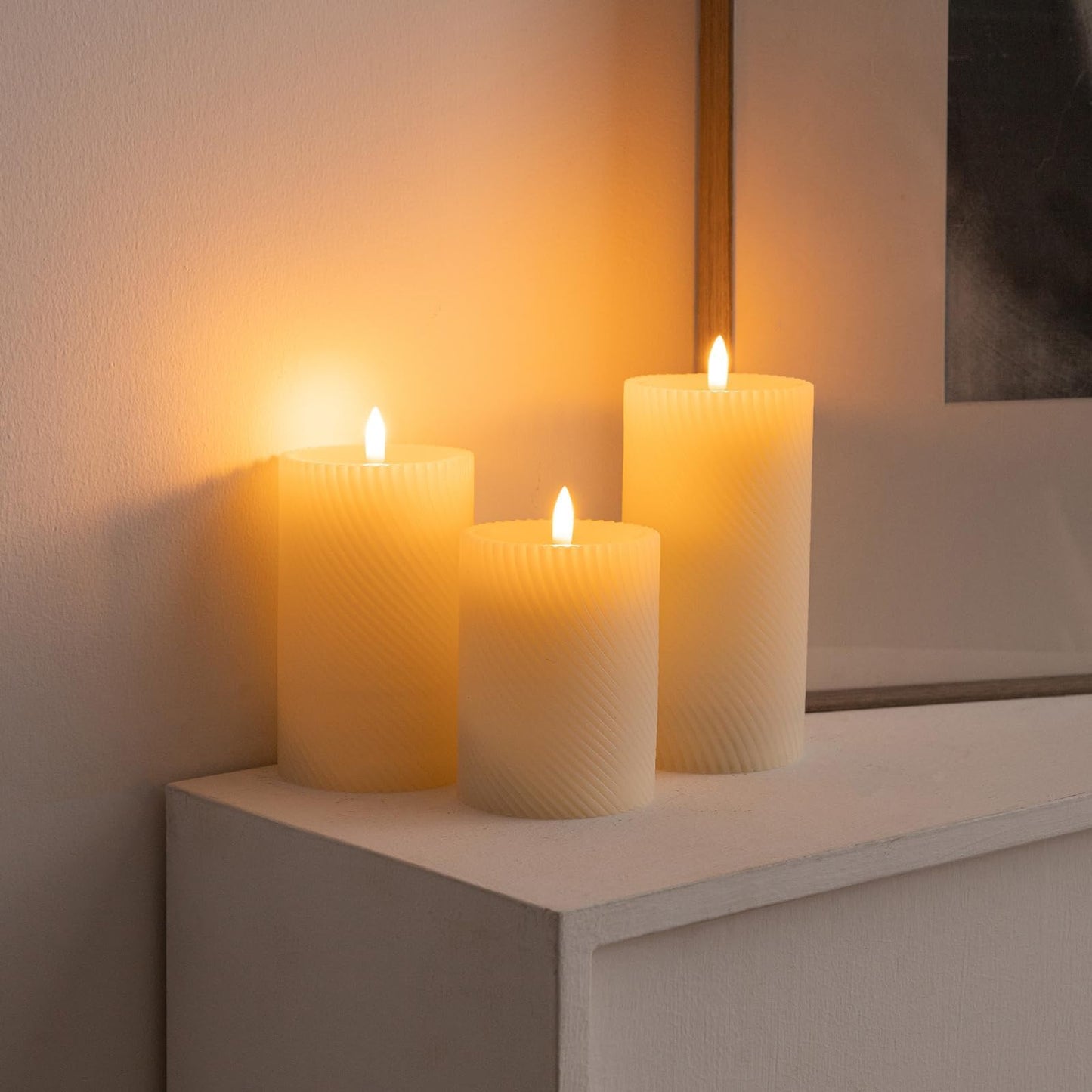 ANGELLOONG Flickering Flameless Candle with Remote, Real Wax Battery Operated Candles with Timer, Set of 3 Fake LED Electric Pillar Candles for Home Party Holiday Christmas Decor, Twill