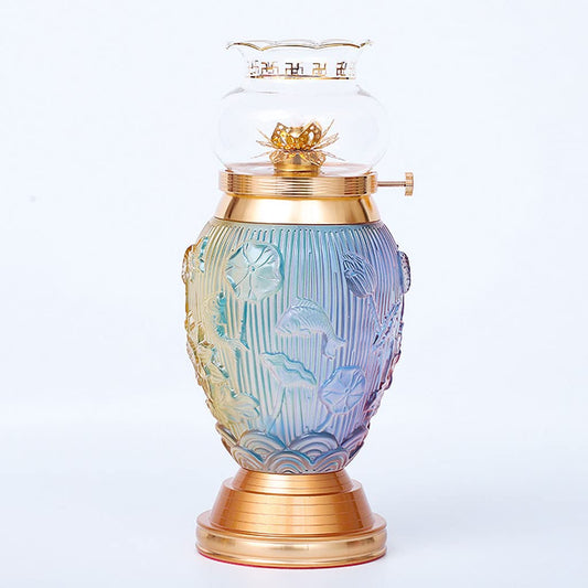 Kerosene Lamp, Oil Lamp Lotus for Buddha Lamp Colored Glass Eight Treasures Auspicious Lamps for Buddha Pure Copper Lamp Household Windproof Oil Lamp