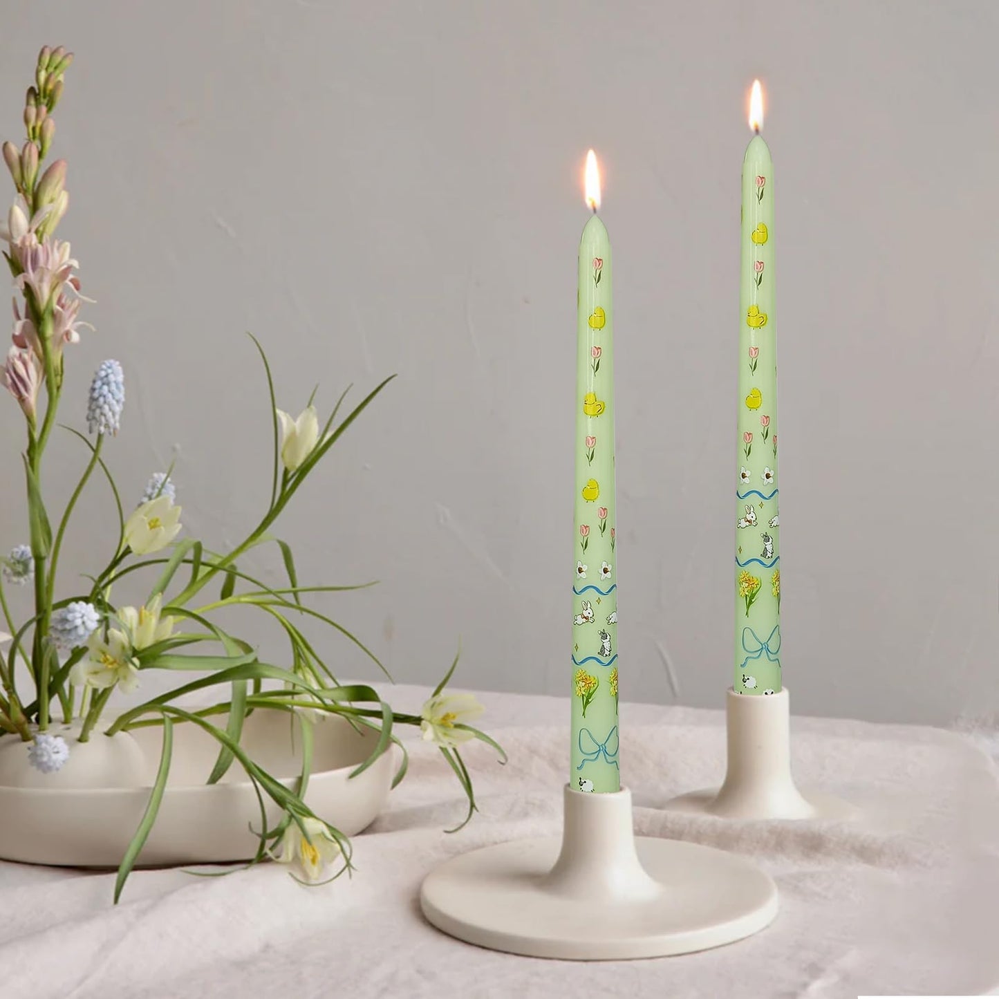 Floral Taper Candles 10 Inch Tall Unscented Handmade Light Green Rabbit Print Long Burning Elegant Candlesticks for Wedding Dinner Home Decor