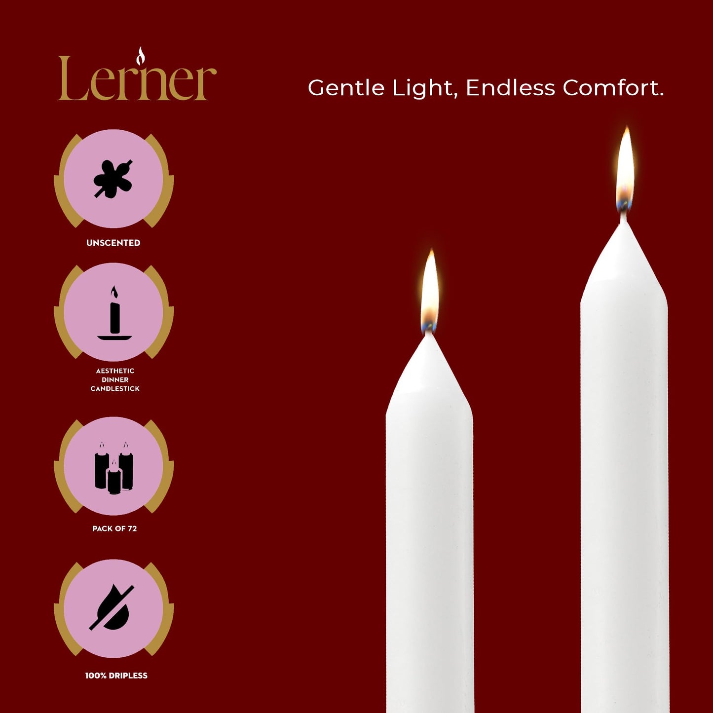 Lerner White Household Candlesticks, Pack of 72 | 5-Hour Burning Time | 6 Inch Tall Dinner Candles | 100% Dripless | Shabbat Candles | Candlesticks for Holidays, Churches, Décor, Emergencies